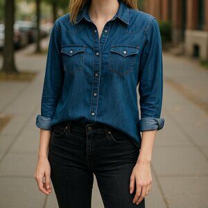 Wrangler Western Pearl Snap Chambray Button Up Shirt Womens S Blue Long Sleeve